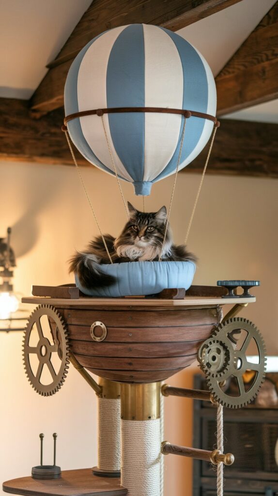 Steampunk-themed cat tower with brass pipes, gear scratching posts, and a hot-air balloon lounge for a regal Maine Coon.