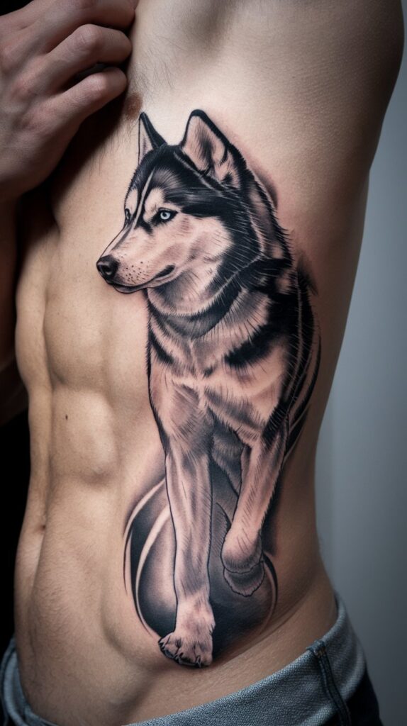 Striking dog tattoo of a Siberian Husky on the ribcage, featuring bold black-and-gray shading and piercing eyes.