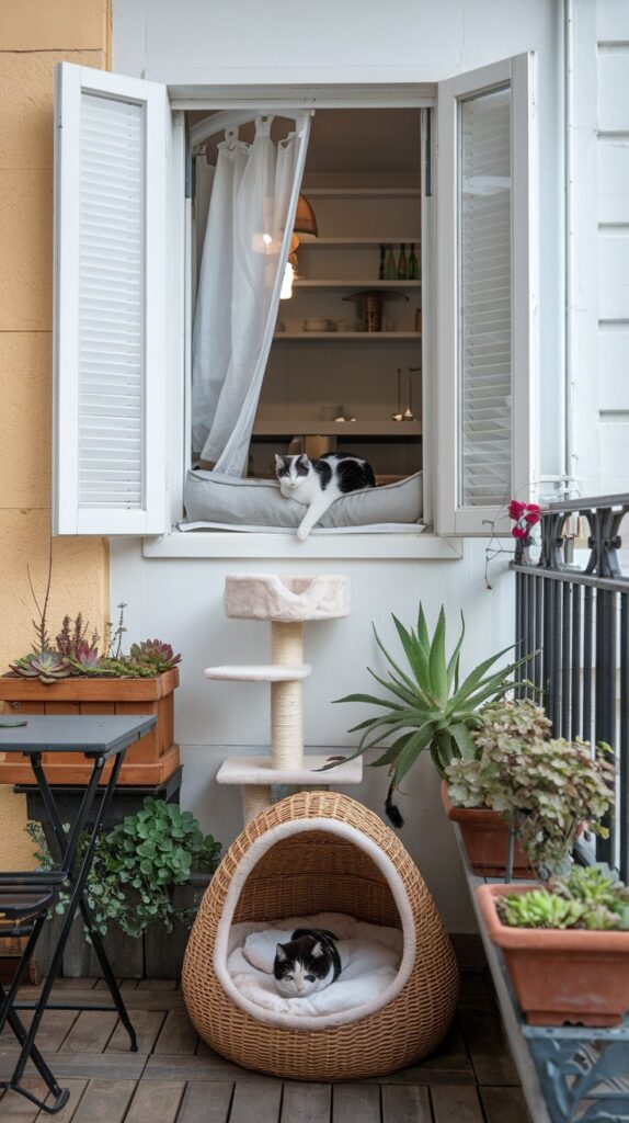 Stylish, nature-infused cat café on a sunny balcony showcasing custom cat furniture, aromatic succulents, and cozy pet bedding with two curious cats in the spotlight.