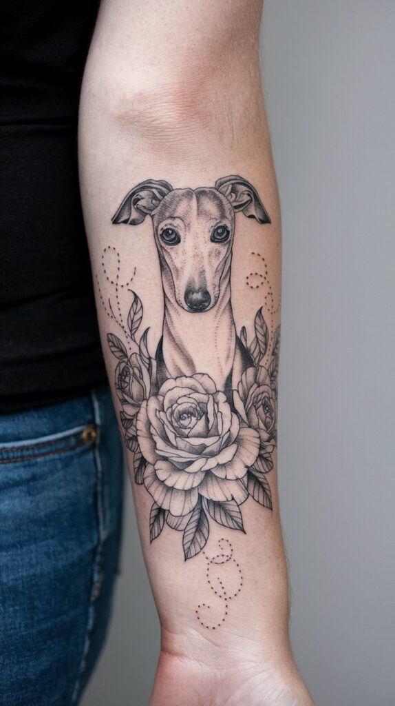 Stylized Greyhound forearm tattoo with intricate floral shading, embodying refinement and artistic detail.