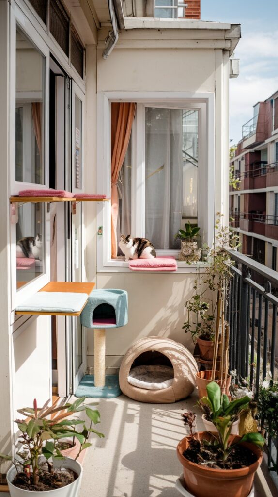 Sunlit balcony home decor featuring custom window perches, an eco-friendly miniature cat tree, and cozy pet bed with two playful cats basking in golden light.