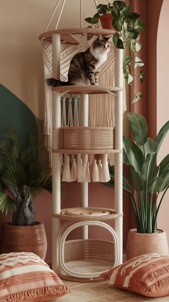 Tall boho cat tower in warm neutral hues, featuring macramé drapes, tassels, and lush indoor plants for cozy cat lounging as one of the cat tower ideas