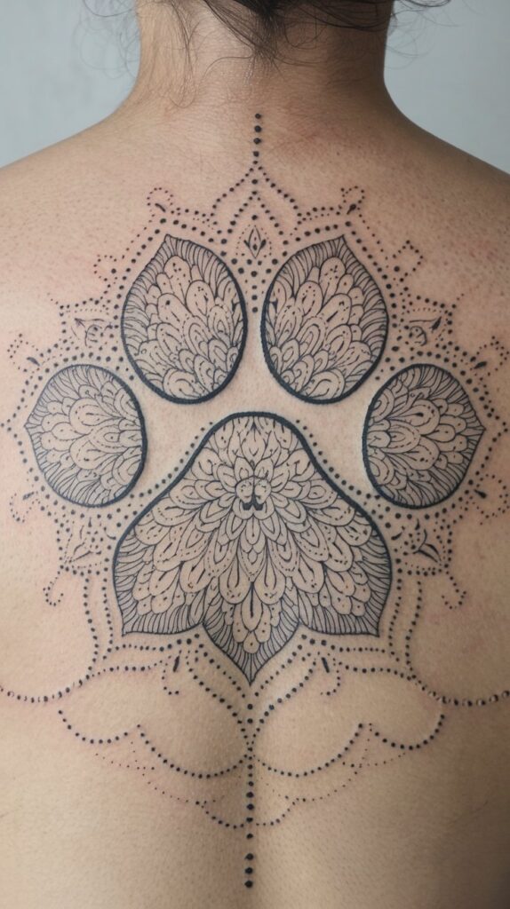 Tattoo design drawing of a pastel watercolor paw print, accented with mandala details and a gentle pup portrait.