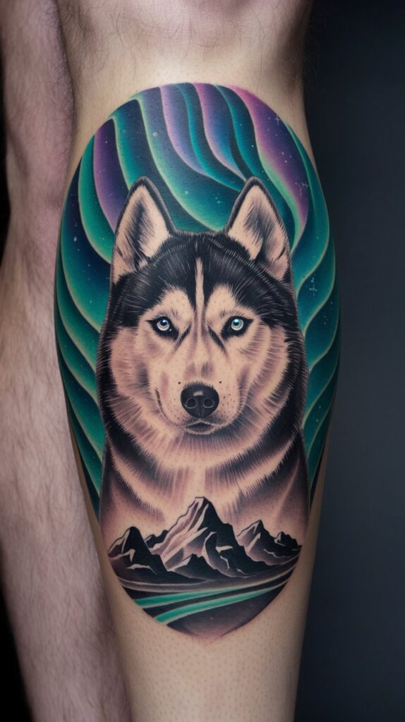 Tattoo ideas female-friendly—Husky-inspired galaxy paw print tattoo with vibrant blue, purple, and green hues.