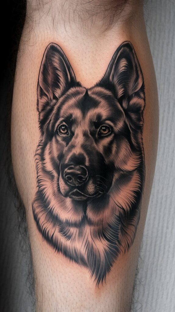 Tattoo ideas female-friendly—stunning German Shepherd ink on the quad, combining realism and atmospheric details.