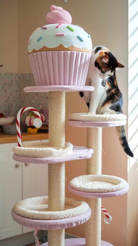 Tiered cat tree shaped like frosted cupcakes, ideal for a whimsical pet-friendly living space or DIY cat setup.