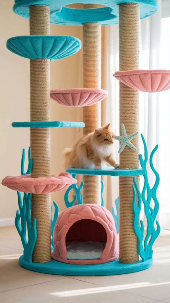 Under-the-sea coral reef cat tower featuring rope-wrapped pillars, shell platforms, and seaweed-textured cushions for oceanic cat decor.