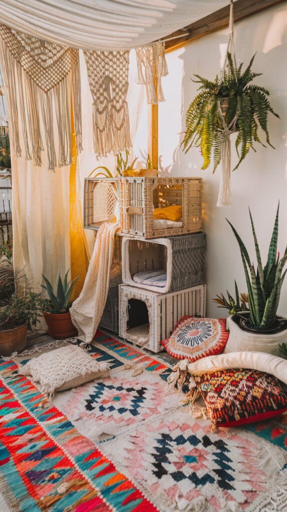 Bohemian-inspired cat apartment ideas featuring a vibrant balcony retreat with creative cat furniture, a custom cat castle, and lush hanging ferns in golden light.