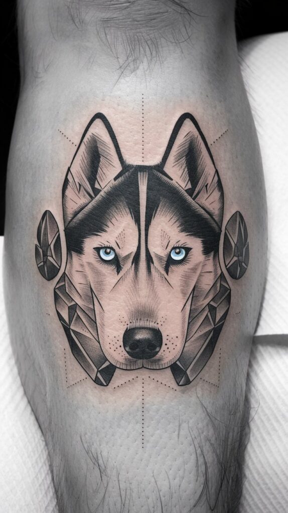 Unique dog portrait tattoo blending geometric elements with a realistic Husky gaze for a bold, edgy look.