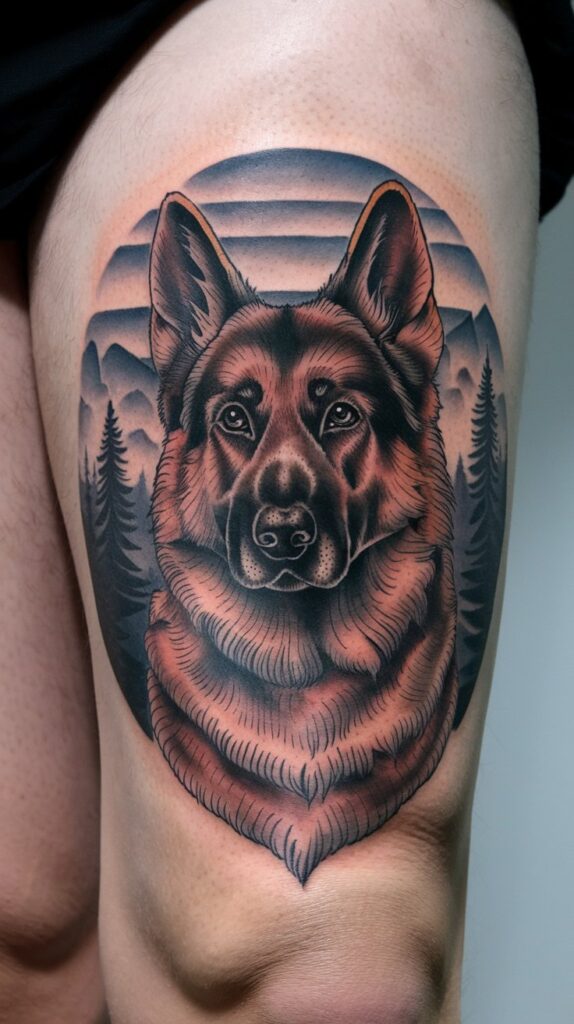 Vigilant German Shepherd tattoo on the upper thigh, featuring a twilight sky and mountain silhouette.