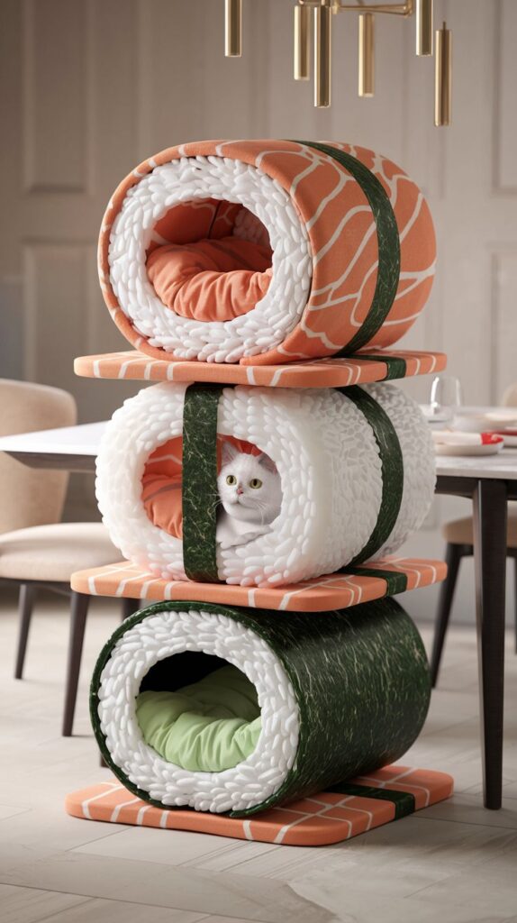 Whimsical cat tower made of stacked sushi rolls (California, tuna, cucumber), with a white cat peeking out from one roll.