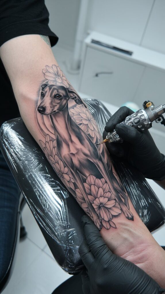 a-photo-of-a-tattoo-artist-working-on-a-forearm greyhound dog tattoo