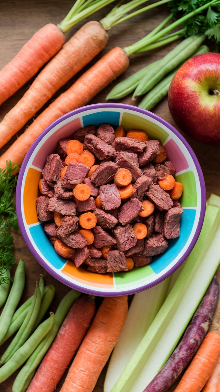 A bowl of beef and sweet potato medley for dogs, surrounded by fresh vegetables.