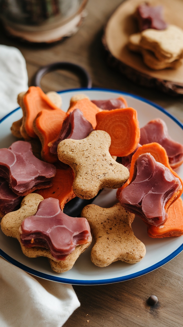 A plate of homemade dog treats shaped like bones, featuring chicken liver and carrot flavors.