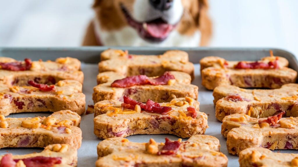 A close-up shot of freshly baked Cheesy Bacon Bites arranged on a parchment-lined baking sheet.