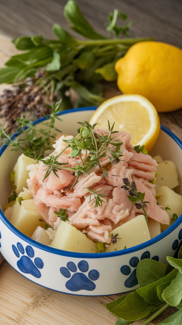 A bowl of fish and potatoes mixed with herbs, perfect for a dog's meal.