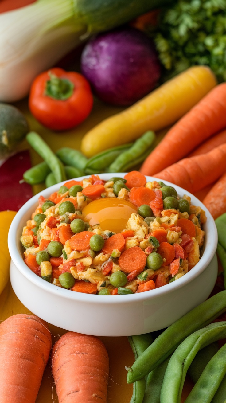 A healthy veggie and egg scramble for dogs made with carrots, peas, and bell peppers.