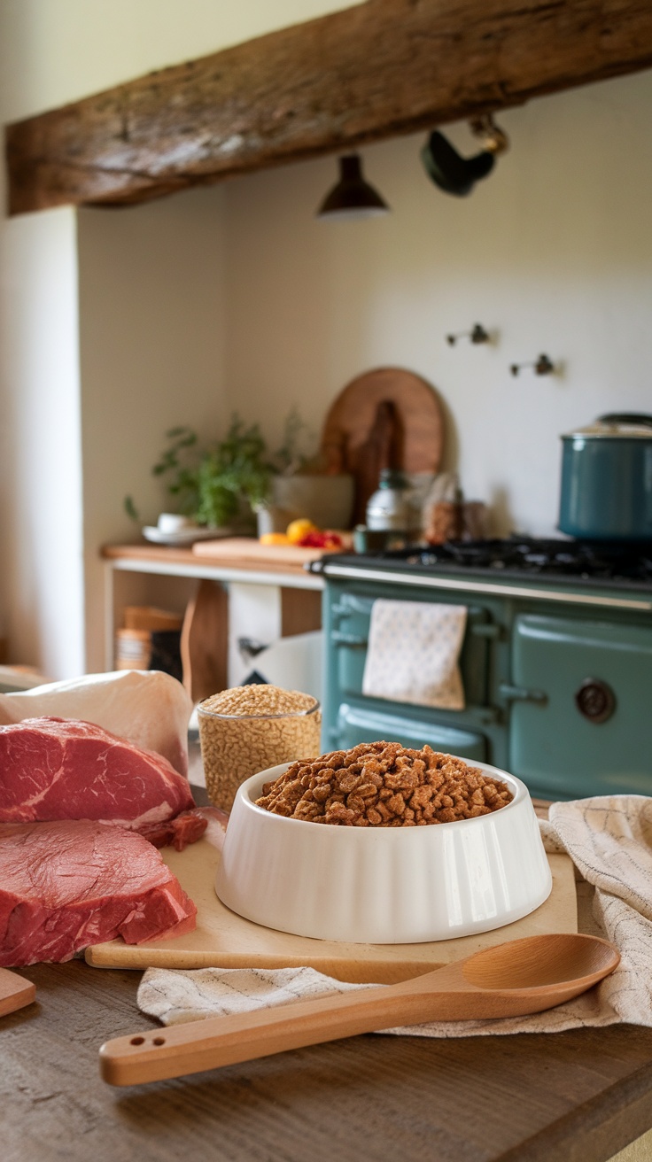 A bowl of homemade dog food featuring lamb and brown rice.