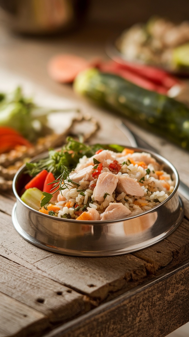 A bowl of chicken and rice dog food with vegetables