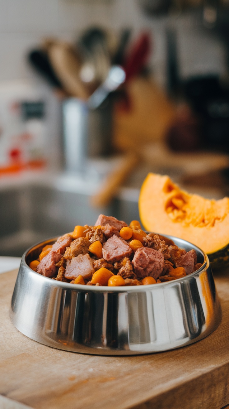 A bowl of pork and pumpkin dog food with diced vegetables.