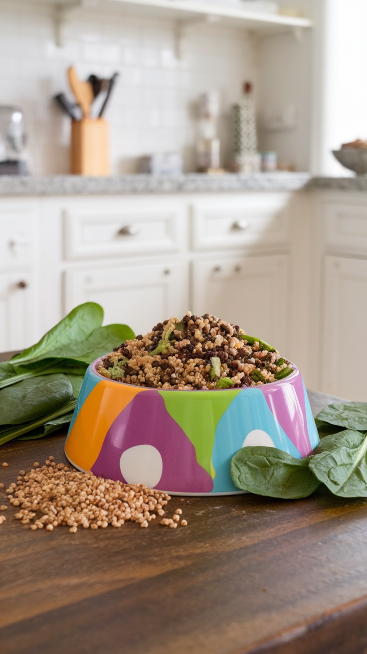 A colorful bowl filled with a quinoa and spinach mixture for dogs