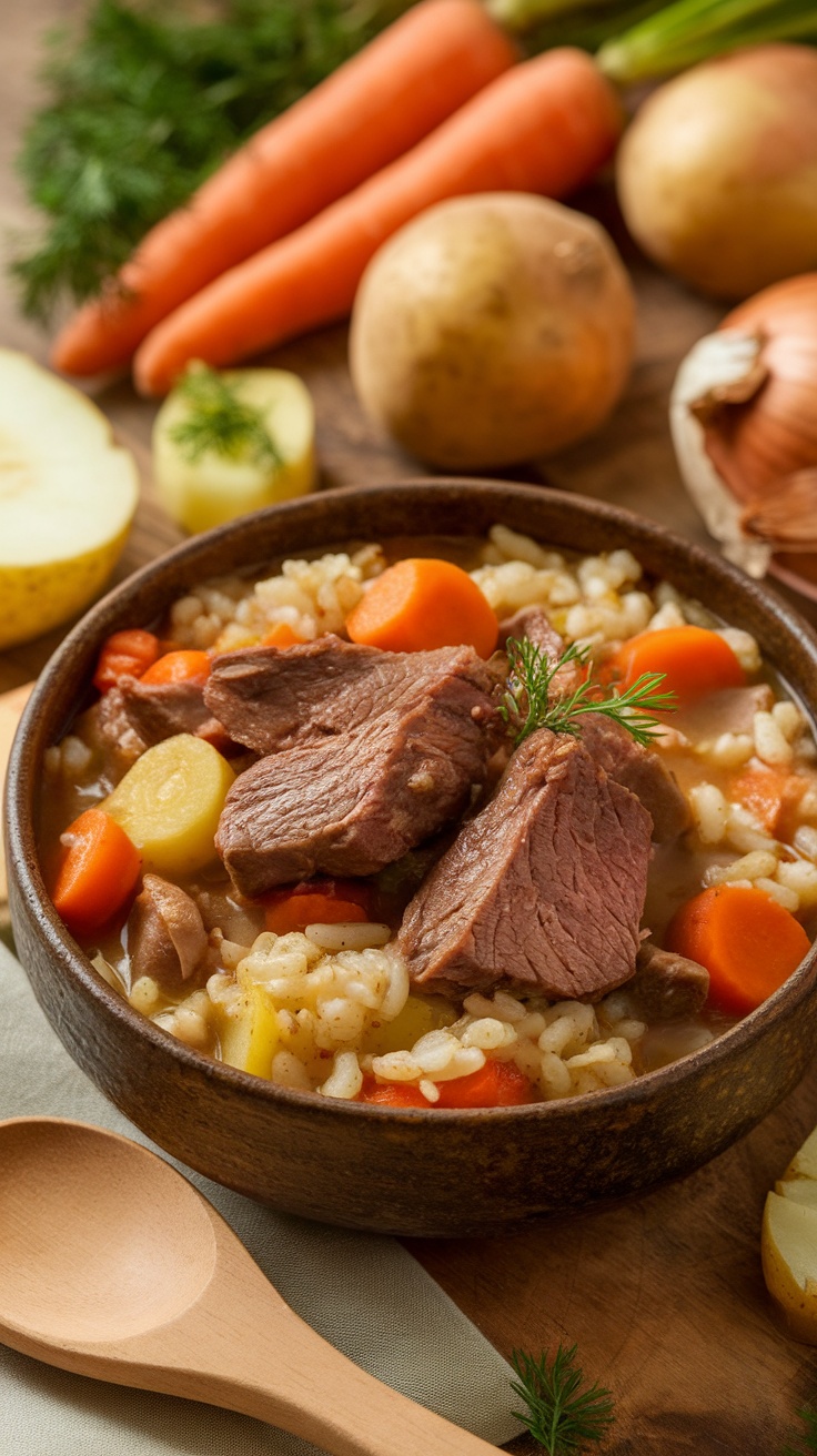 A bowl of rice and beef stew for dogs, filled with beef, carrots, potatoes, and rice.