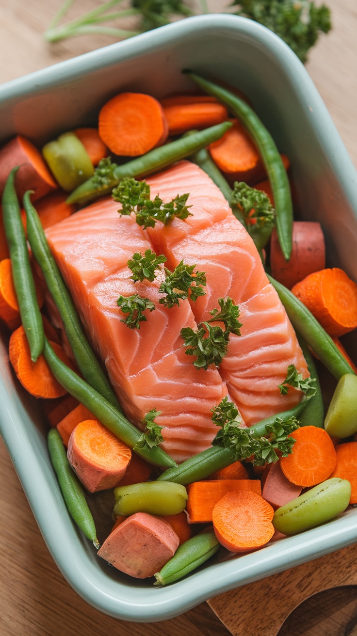 A wholesome salmon and vegetable dish for dogs