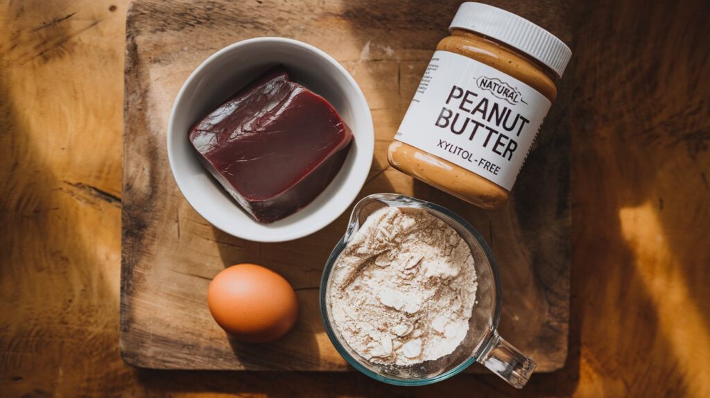 Shot of all key ingredients arranged on a rustic wooden countertop to make the Liver and Peanut Butter Dog Treats