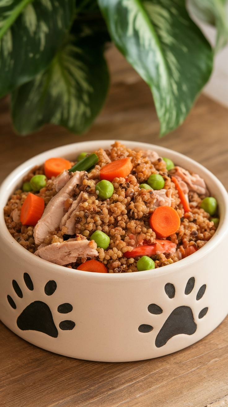 A bowl of turkey and quinoa dog food with vegetables.