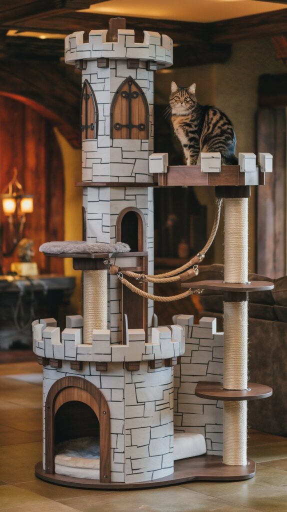 A grand medieval cat keep with a hidden chamber, decorative iron elements, and a royal lookout perch for cats.