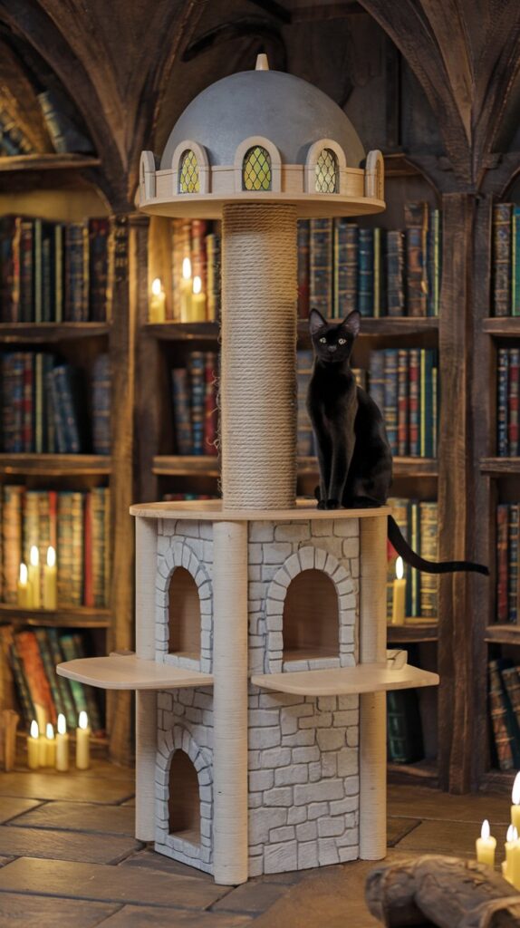 A mystical medieval cat tower with intricate woodwork, stone-textured platforms.