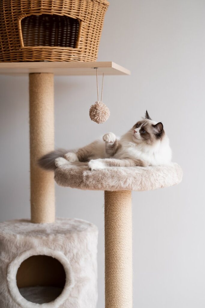 Aesthetic bohemian cat condo featuring a wicker bed, cozy hideaway, and sisal-wrapped posts for scratching.