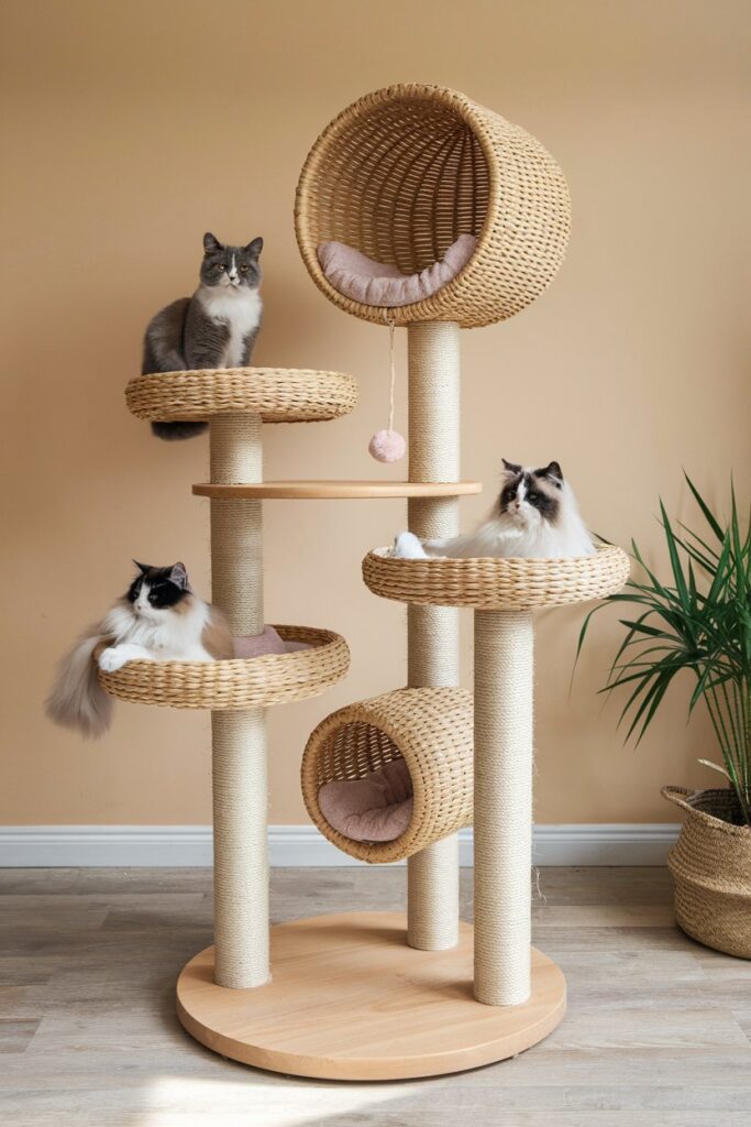 Aesthetic cat tower with woven wicker beds, natural wood base, and playful pom-pom toy — perfect for bohemian interiors.