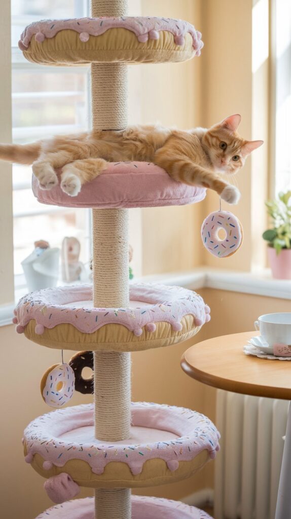 Pastel donut-themed cat tower with a ginger cat lounging on the top platform, surrounded by tiny donut ornaments.