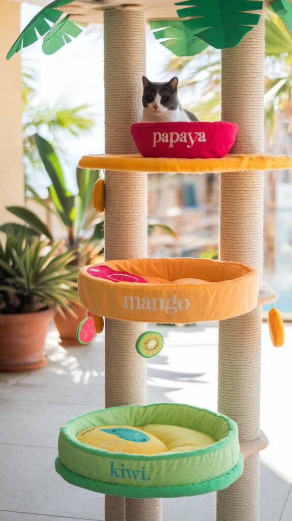 Cute and colorful cat tower resembling a tropical smoothie bar, complete with faux fruit slice toys and a sunlit setting.