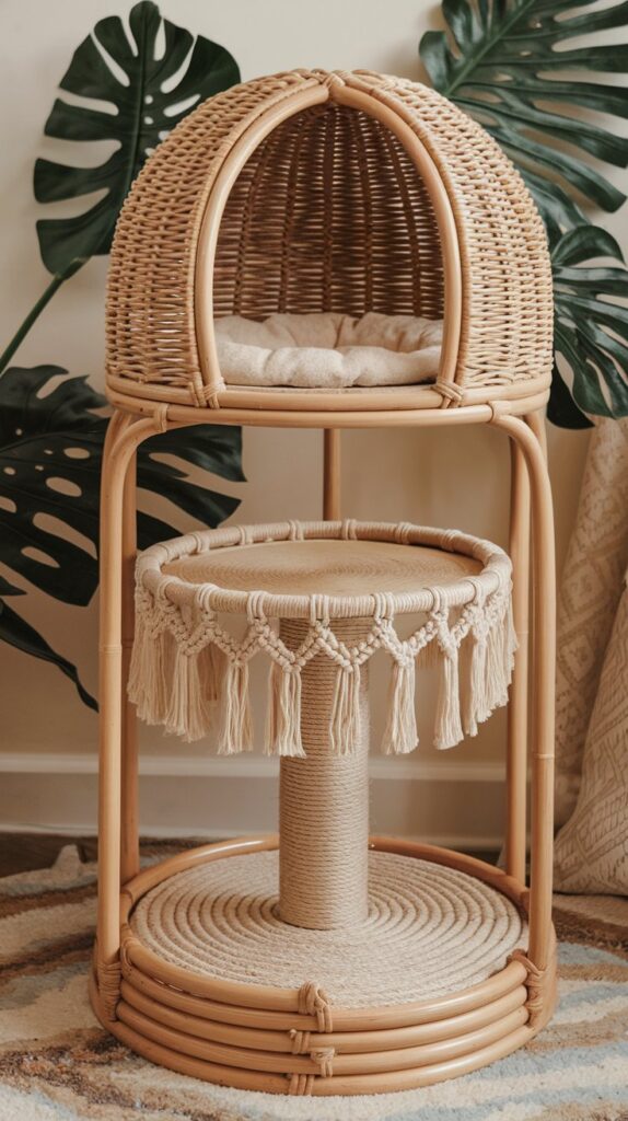 Aesthetic rattan cat tree with a wicker dome, natural wood accents, and jute-wrapped scratching posts for a chic living room.