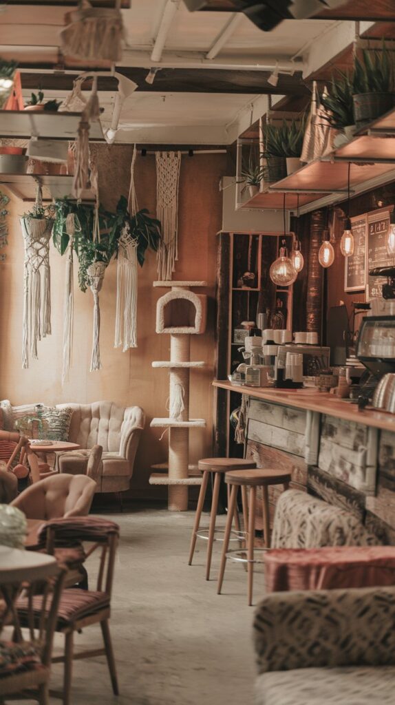 Bohemian café interior with organic cat shelves and soft lighting.