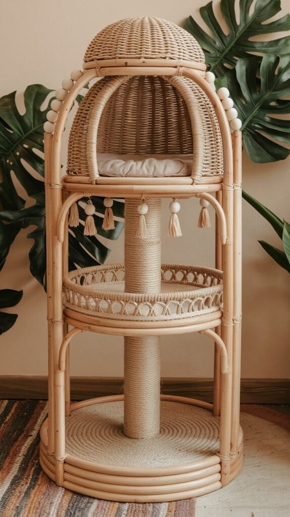 Bohemian cat tower with handwoven rattan and macrame details, perfect for stylish home decor and cozy pet spaces.