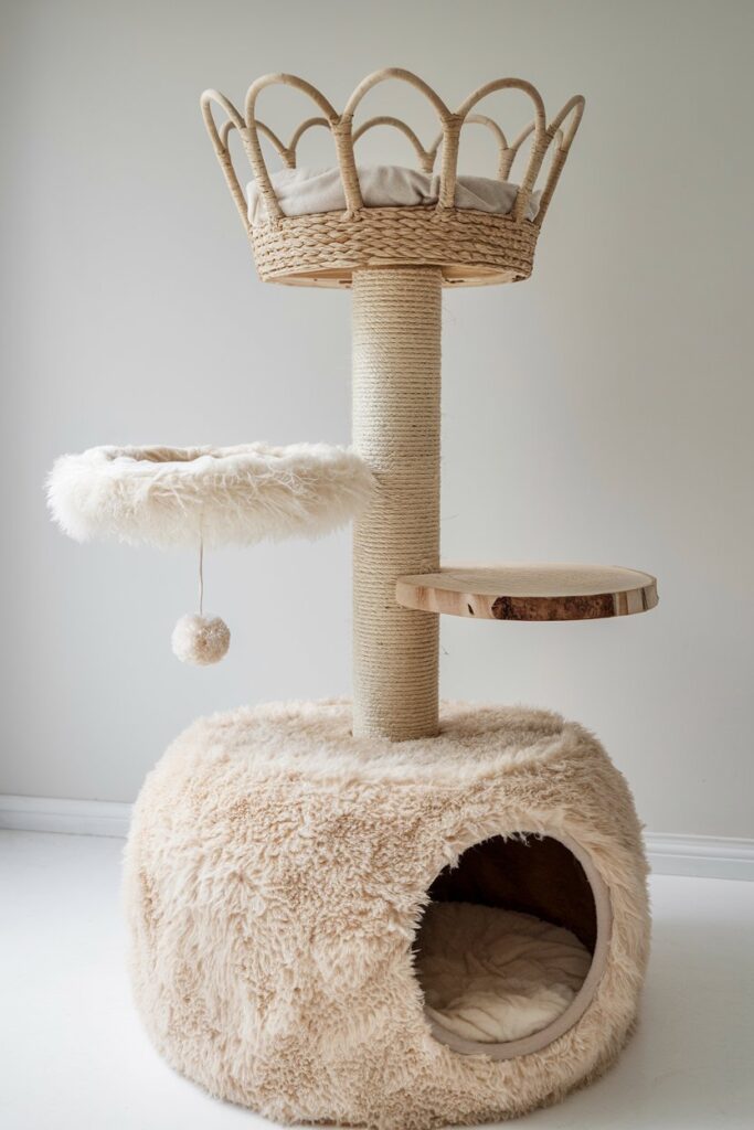 Bohemian cat tree with a wicker crown bed, fluffy faux fur perch, and cozy enclosed condo for cats.