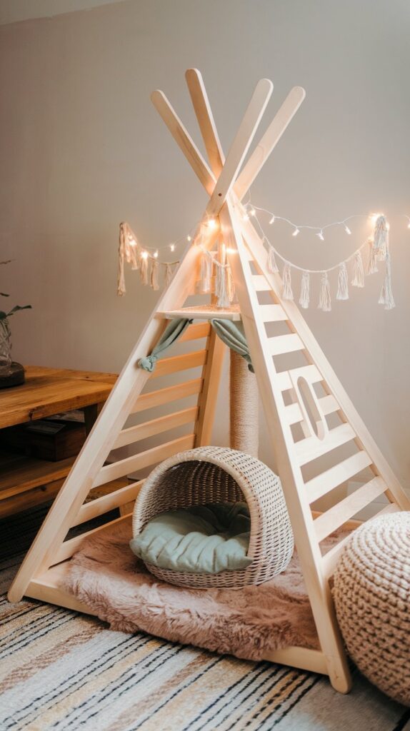 Rustic DIY cat tower with sisal rope scratching posts, hanging macrame accents, and a natural wood structure for stylish pet owners.