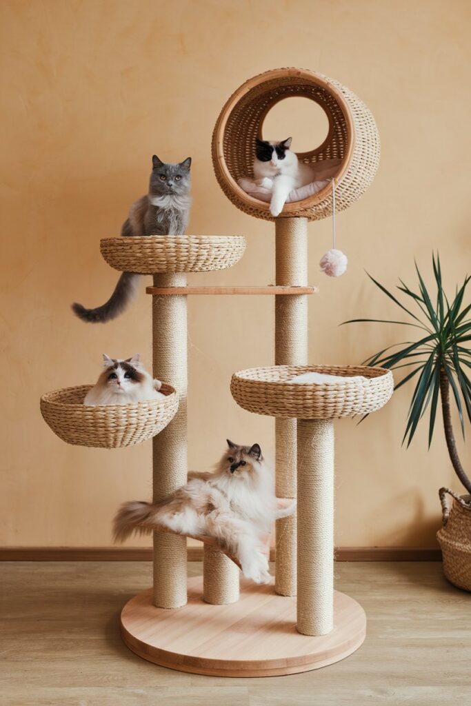 Boho cat tree with three wicker baskets, sisal scratching posts, and neutral wood base — modern cat furniture for stylish homes.
