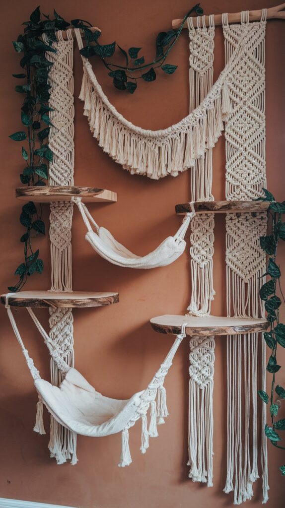 Boho-inspired floating cat wall with raw-edge wood shelves, macramé hammocks, and a cozy neutral aesthetic.