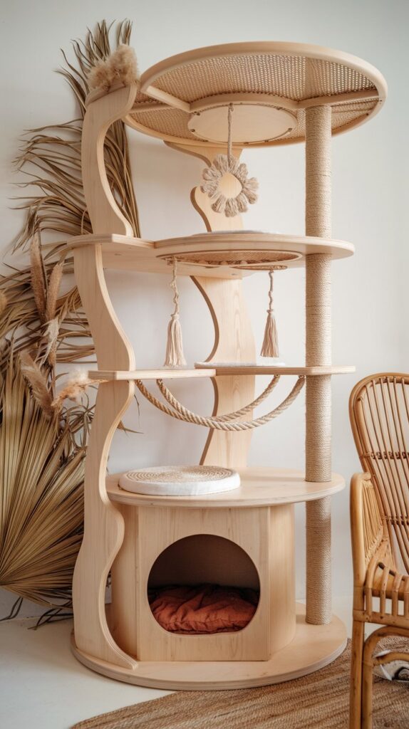 Boho-style cat climbing tower designed with a sunlit, natural wood finish, ideal for trendy home decor lovers