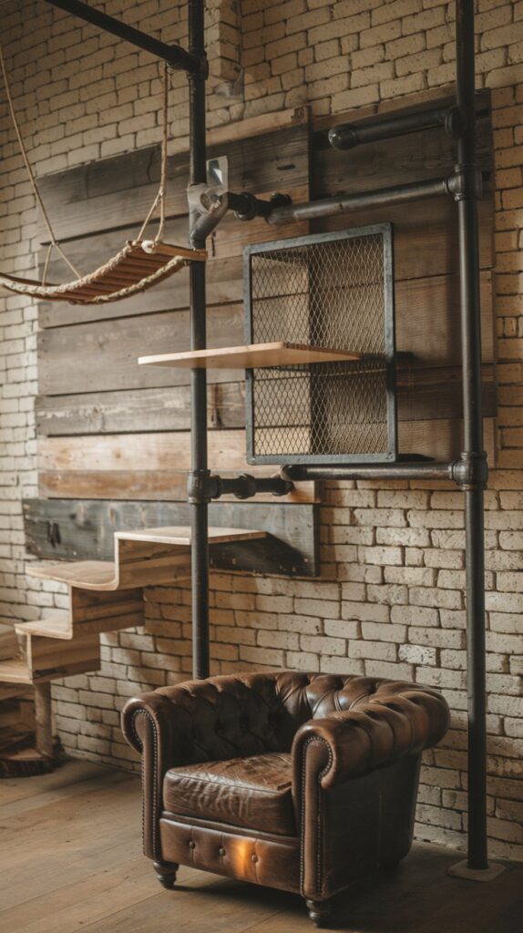 Chic industrial cat wall with reclaimed materials and a modern loft aesthetic, perfect for stylish interiors.