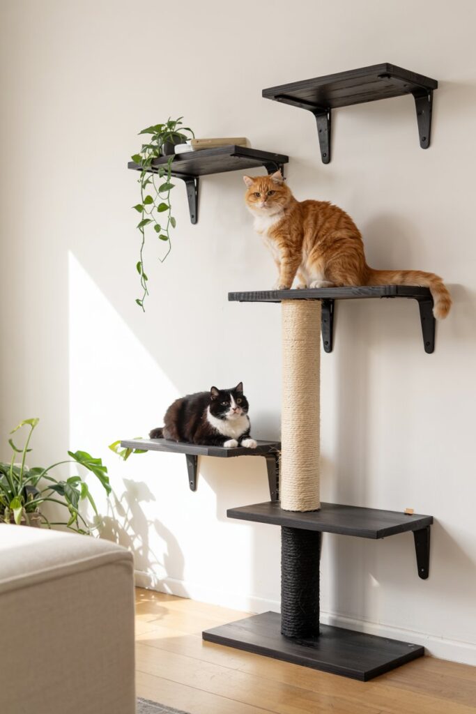 Chic living room cat wall with black floating shelves, vertical scratching post, and cozy climbing spaces for cats.