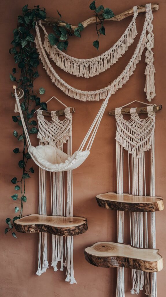 Chic modern cat climbing wall with warm terracotta tones, trailing plants, and handcrafted macramé details.