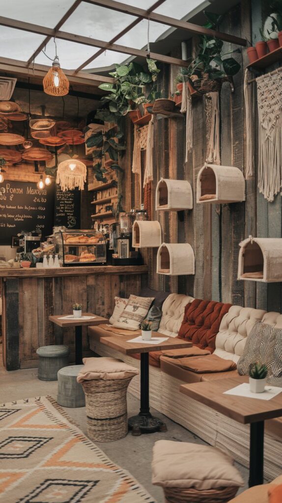 Cozy cat-friendly coffee shop with macramé and natural textures.