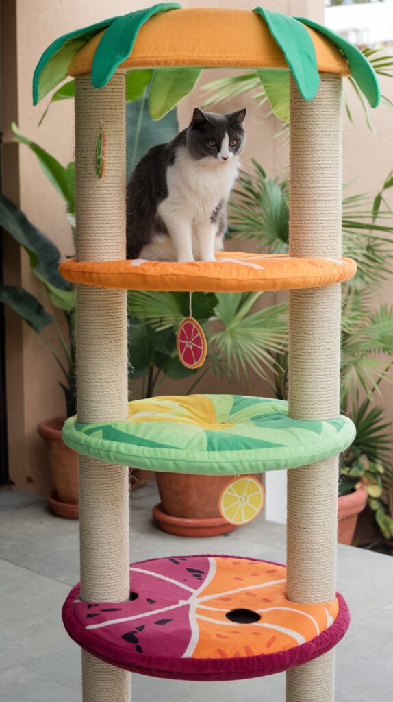 Aesthetic fruit-inspired cat tree with plush fruit-pattern cushions and palm trunk-like rope supports on a breezy patio.