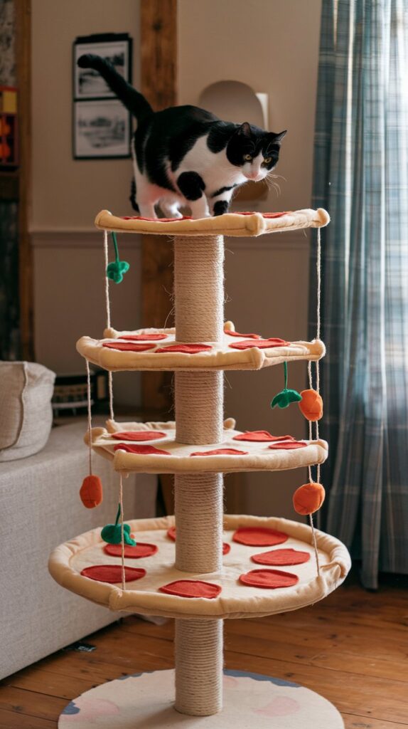 Pizza-themed cat tower with triangular slice platforms, plush cheese layers, and a tuxedo cat balancing on top.