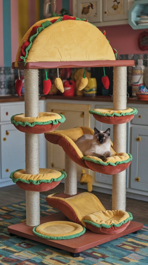Festive cat tree inspired by a taco stand, with warm-toned curved platforms, chili-pepper danglers, and rustic wooden-style supports.